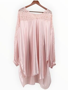 Vintage 80s Intimate Attitudes Pink Satin Lace Nightshirt‎ Plus 3X 4X Coquette